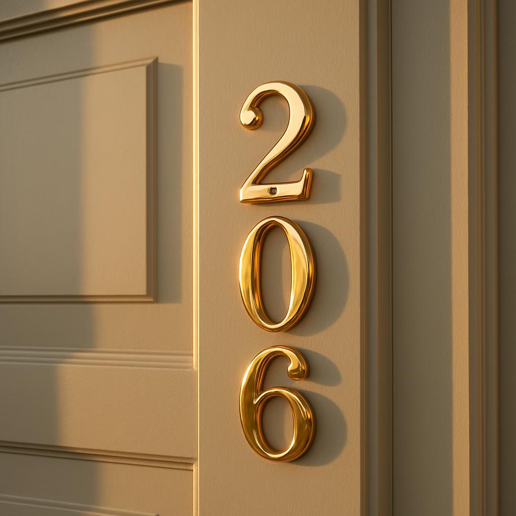 The apartment number 206, displayed on the apartment's front door in ornate gold lettering.
