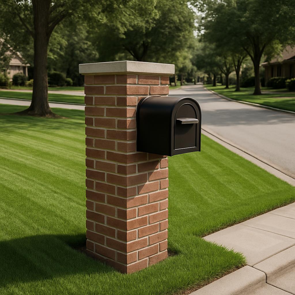 A red brick pillar with a black mailbox attached, situated in front of a neatly manicured lawn near a residential street.