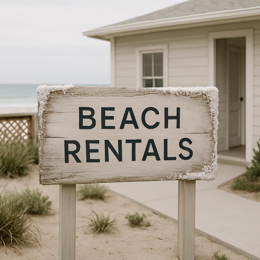 "Beach rental sign outside beach house"